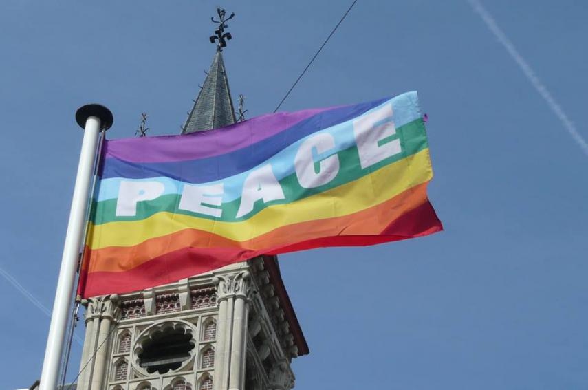 135 Belgian cities and municipalities hang the peace flag for a nuclear free world on September 21, 2015.